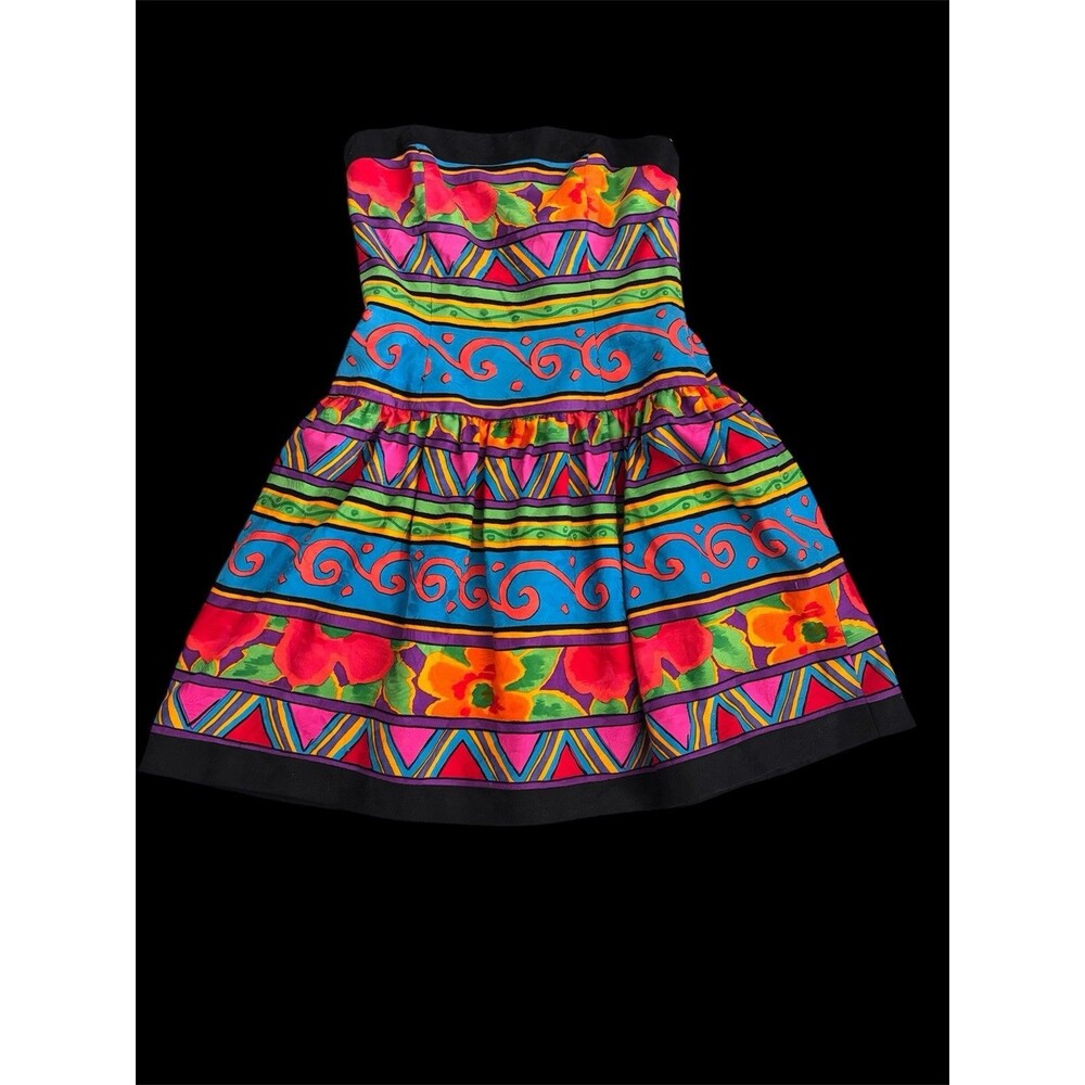 Vtg 80s A.J Bari Strapless Fit & Flare Dress Bright Geometric Funky Print Sz 12